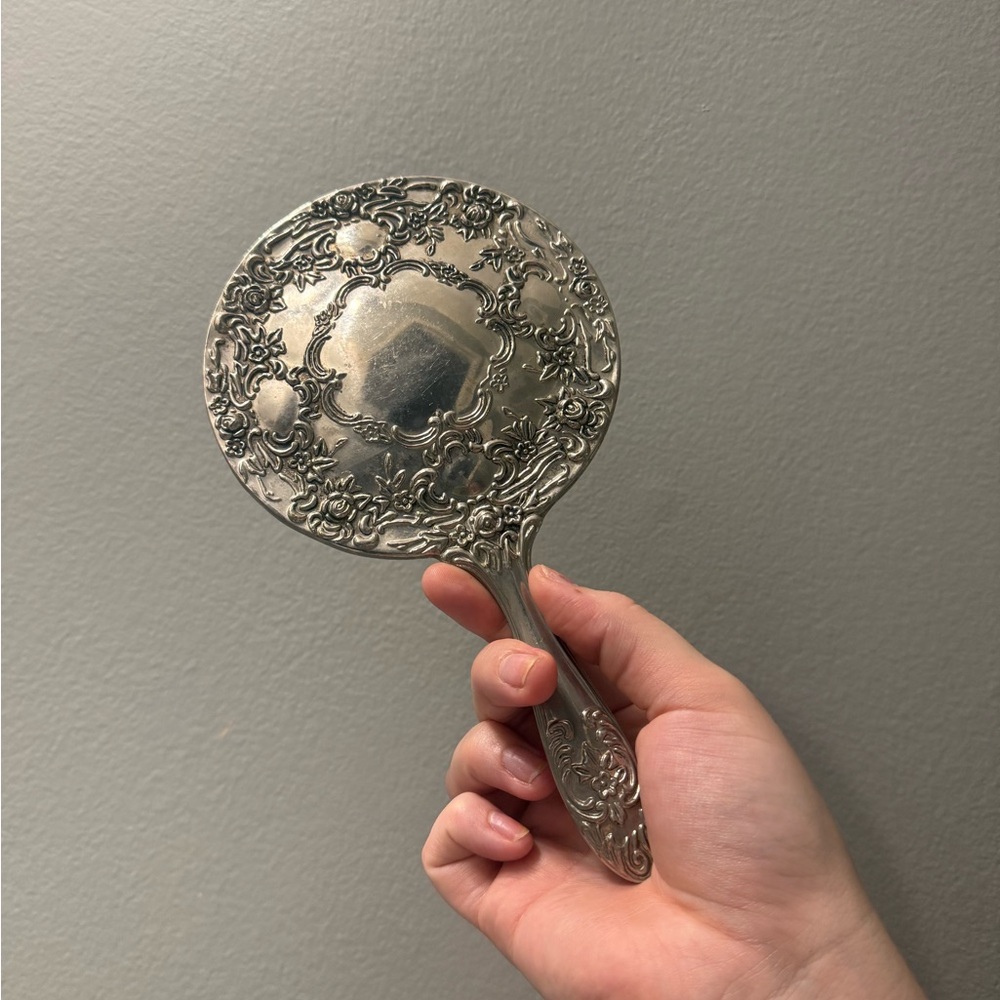 Vintage Silver Ornate Hand Mirror - Decorative Floral Design